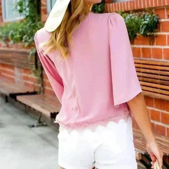 V-Neck Wide Top with Lace Trim and Bow Tie Detail - Picture 3 of 6